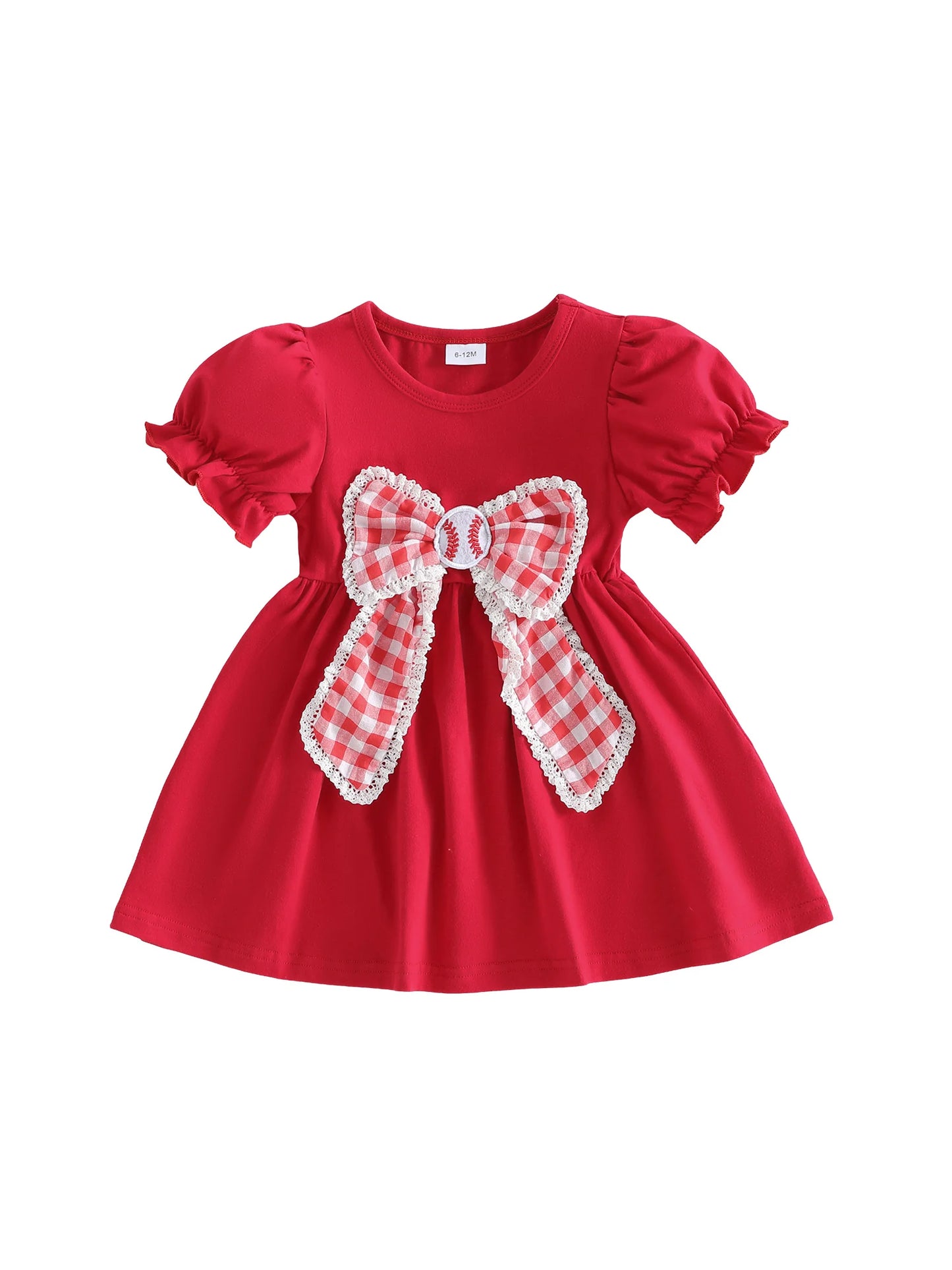 Girls Toddler Plaid Bowknot Dress With Baseball Theme Short Sleeve Casual