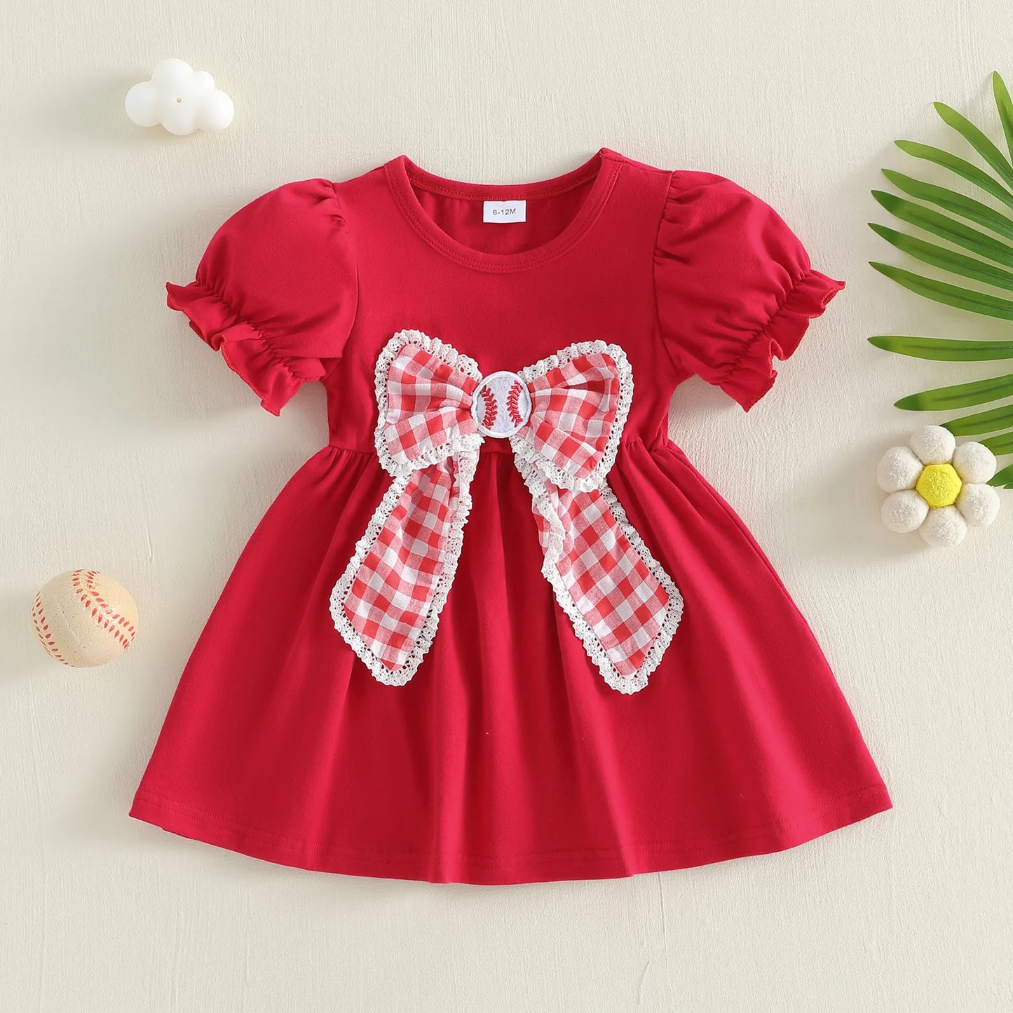 Girls Toddler Plaid Bowknot Dress With Baseball Theme Short Sleeve Casual