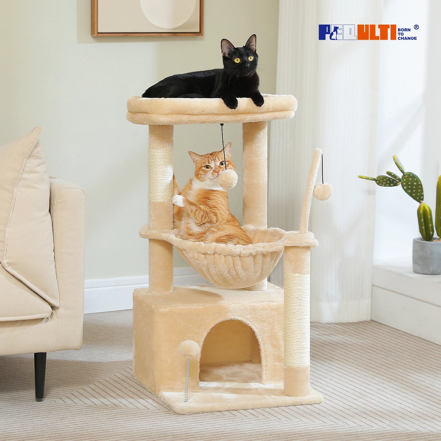 PEQULTI Cat Tree With Natural Sisal Scratching Post And Condo