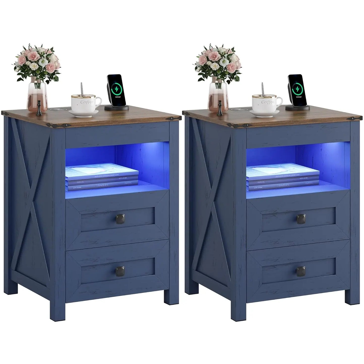 Frame LED Nightstand Set Of 2 Gun Drawer Charging Station