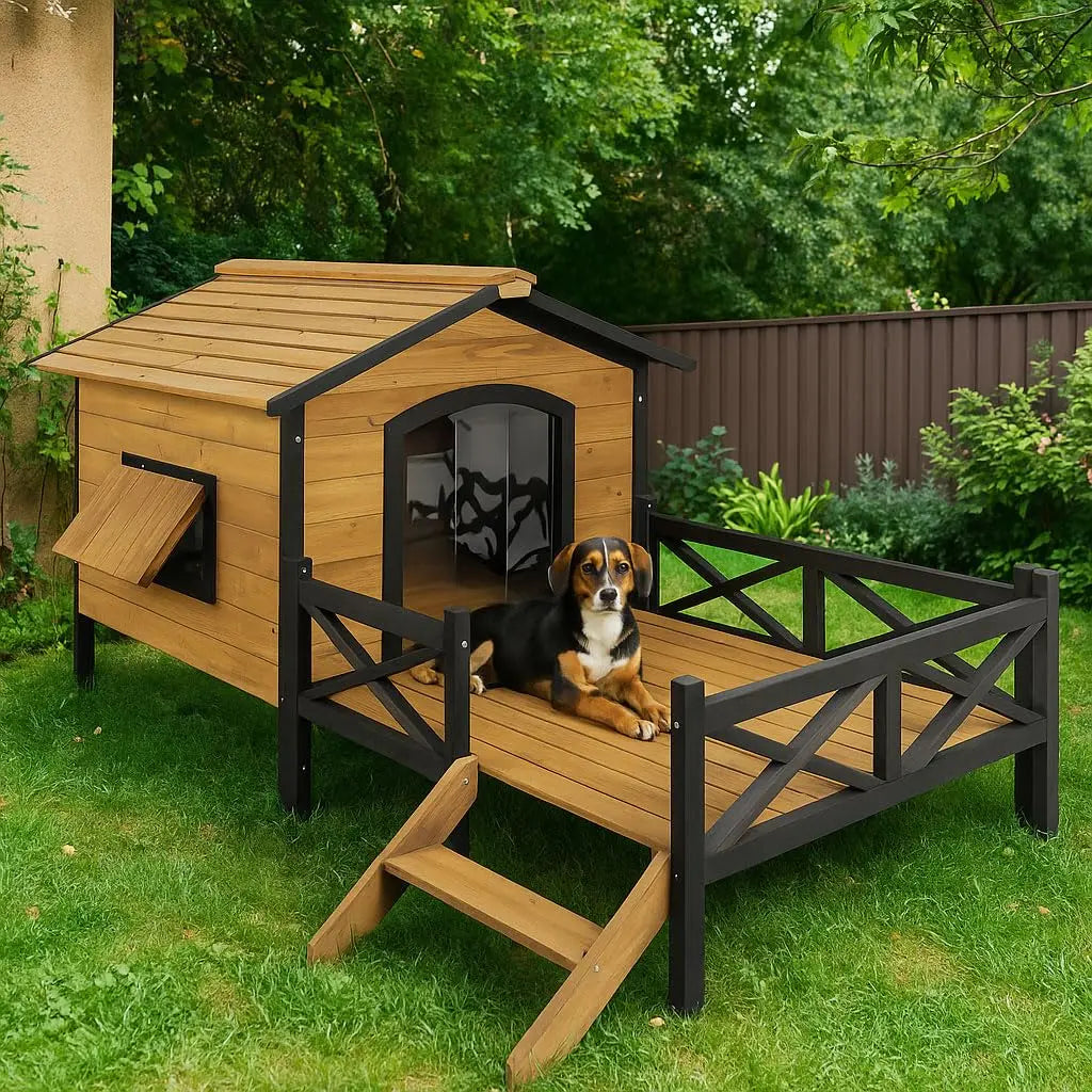 Large Wooden Dog House Weatherproof Elevated Outdoor Pet Shelter w/ Porch Deck 43.3"x69.9"x32.7", Custom