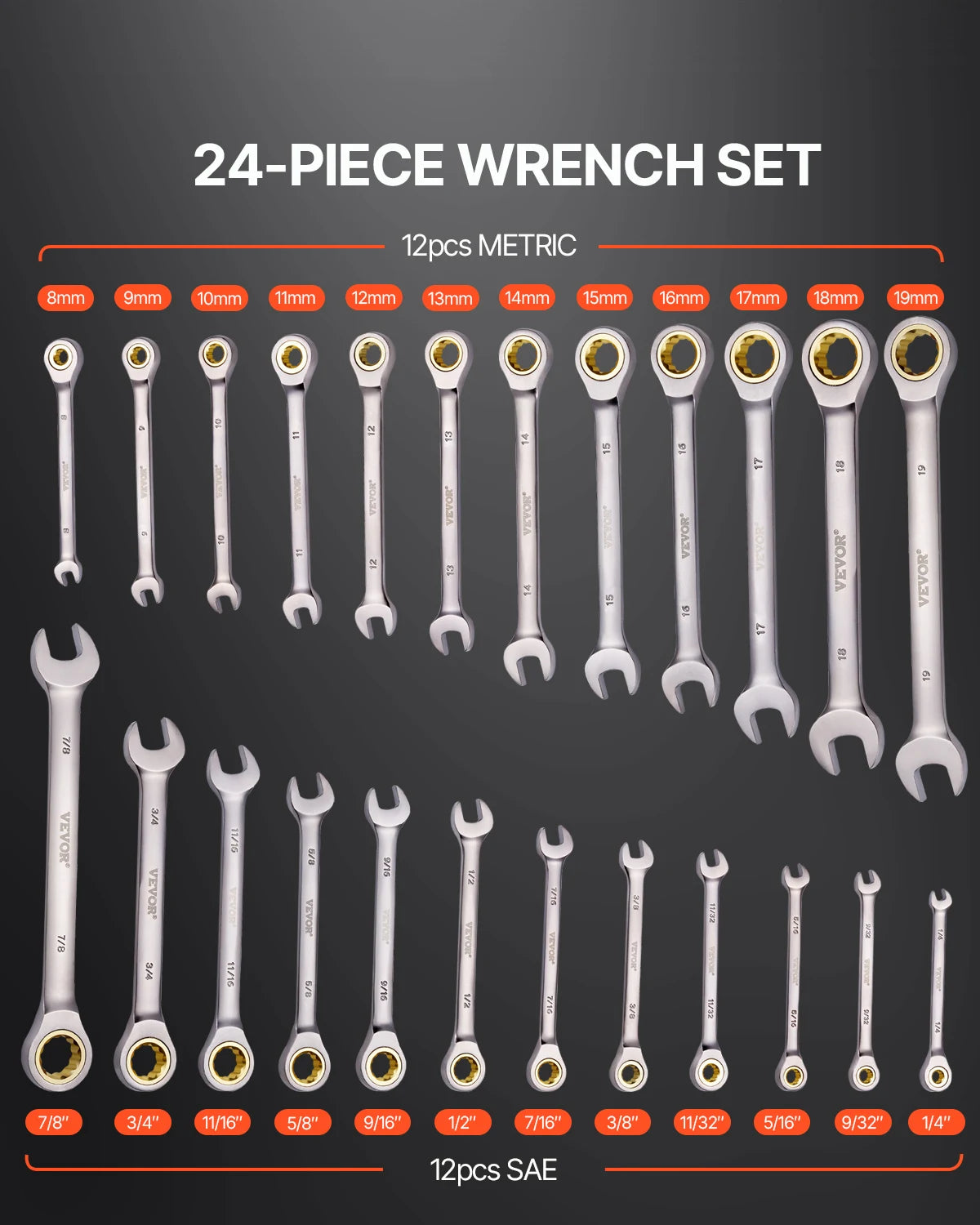SucceBuy Ratcheting Wrench Set CRV Steel With Organizer SAE Metric