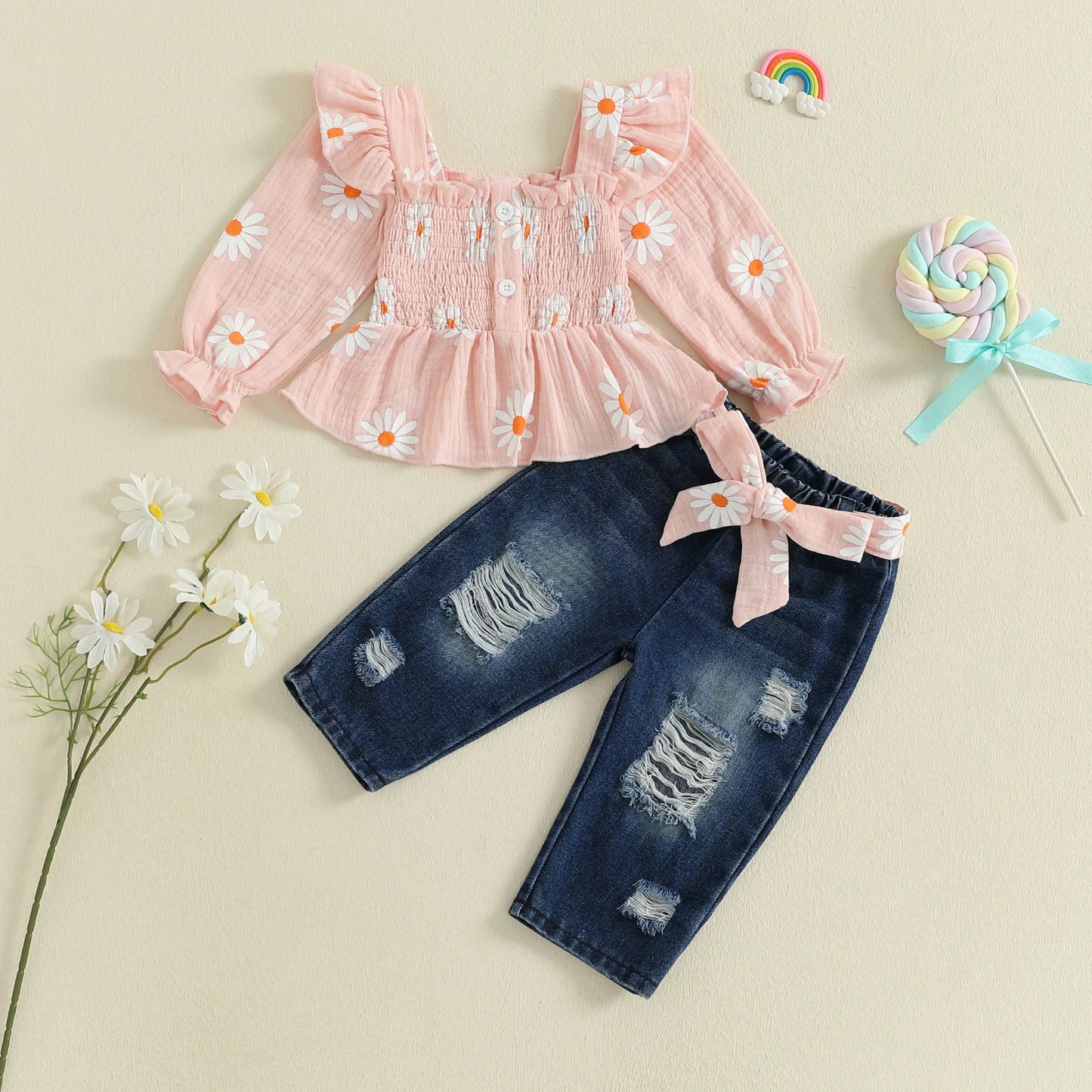 Girls Floral Print 2 Piece Belted Denim Pants Set Outfit
