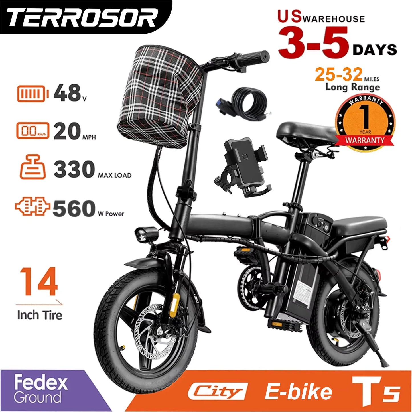 Terrosor Folding Electric Bike 560W 48V Battery 32 Mile Range