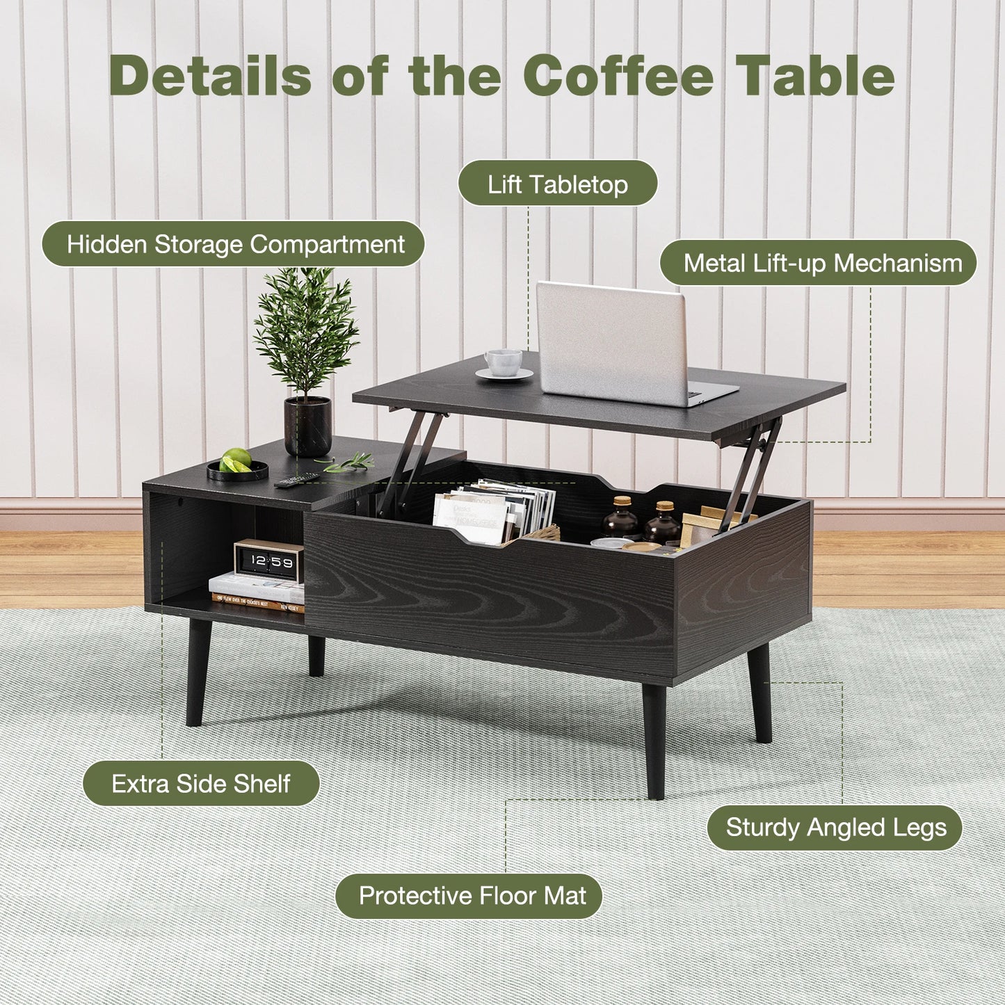 JHK Lift Top Coffee Table With Adjustable Storage Shelf