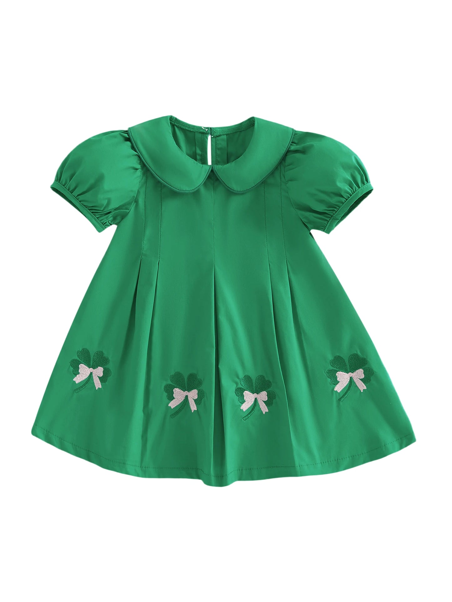St Patrick Day Toddler Girl Dress With Shamrock Embroidery And Peter Pan Collar