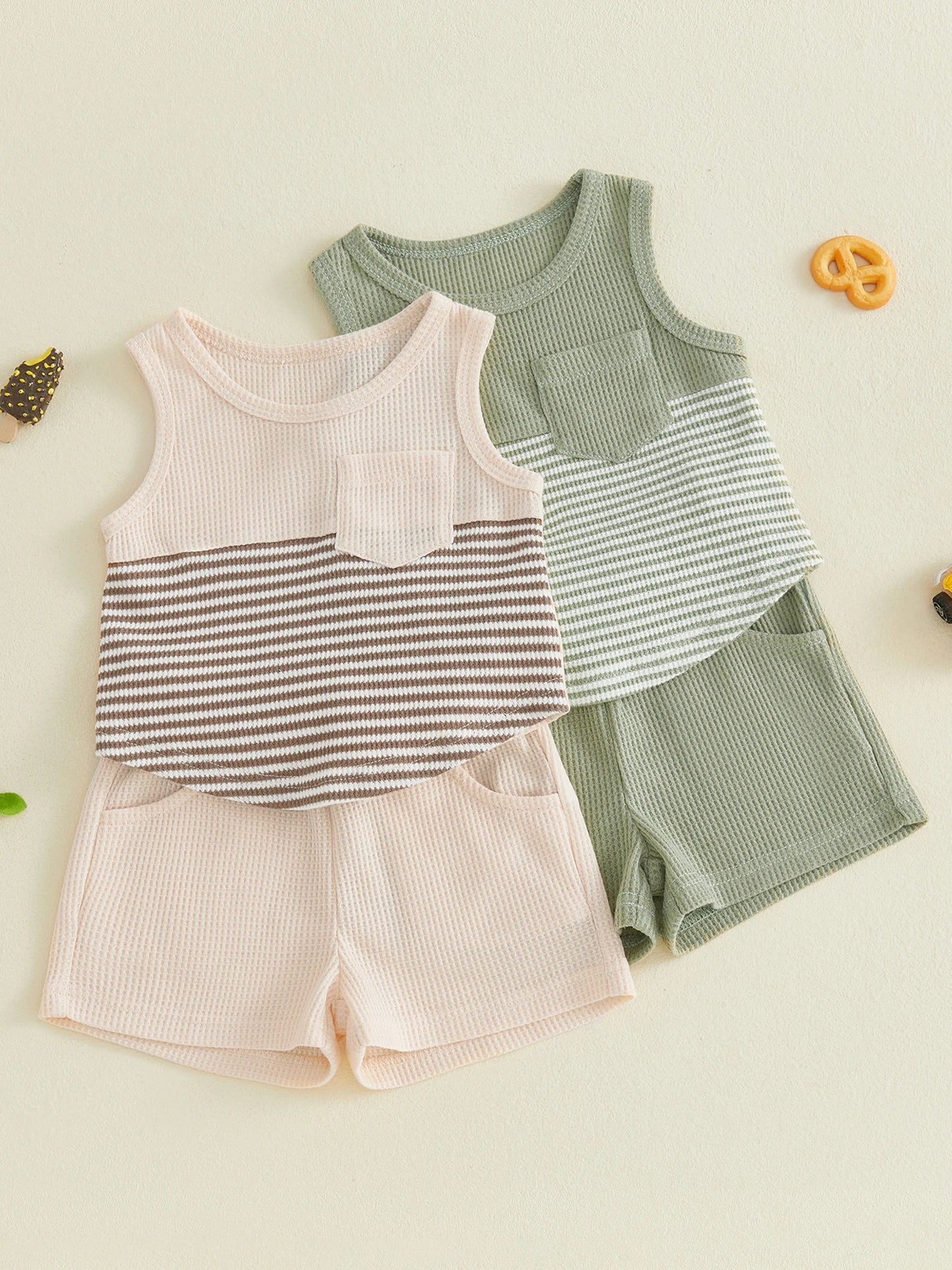 Cute Baby Girls Round Neck Sleeveless Striped Top And Shorts