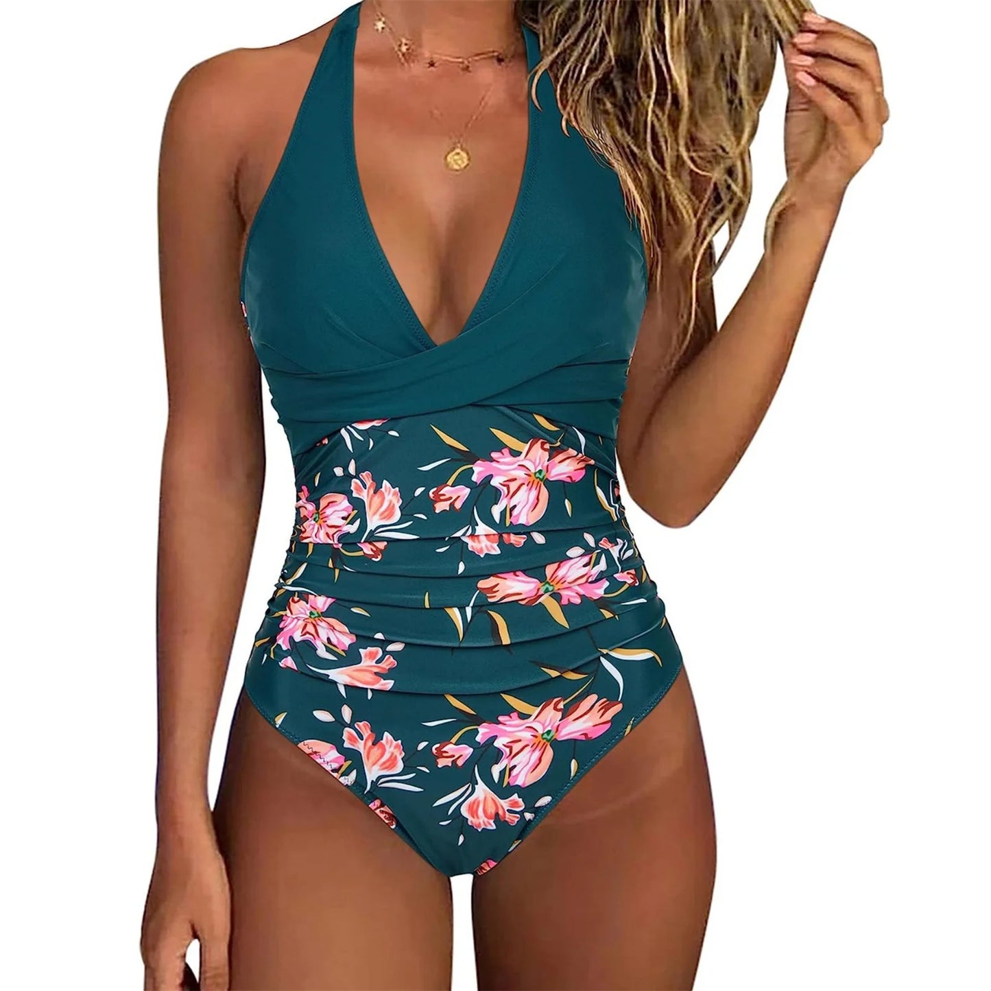 NONECN Tummy Control Cross Front Striped One Piece Swimsuit