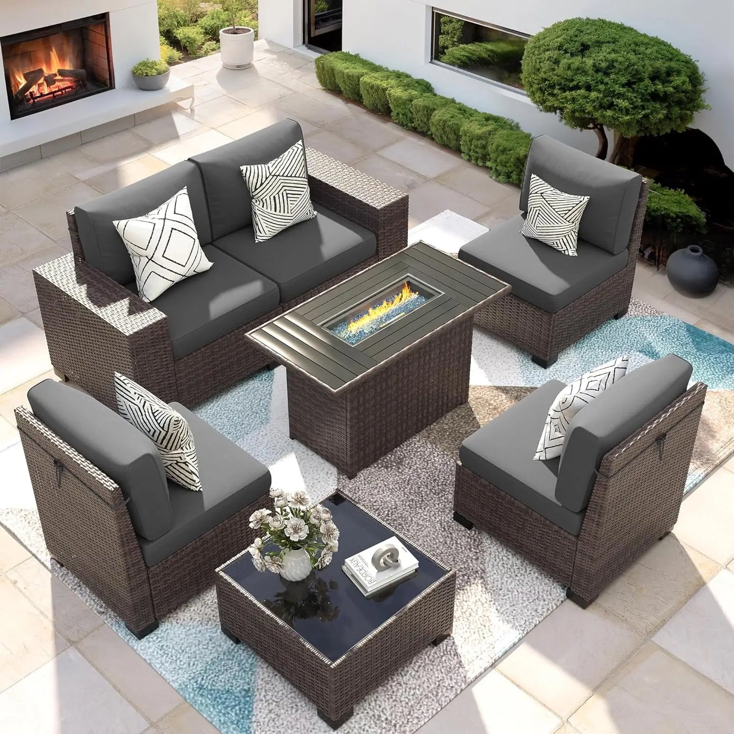 XIAOLANG 7-Piece Outdoor Patio Furniture Set With Fire Pit Table