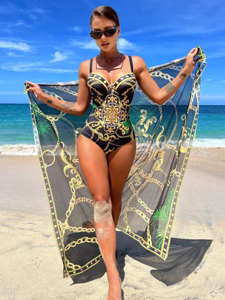 Underwire Push Up Women's Two Piece Bikini Swimsuit Chains Print