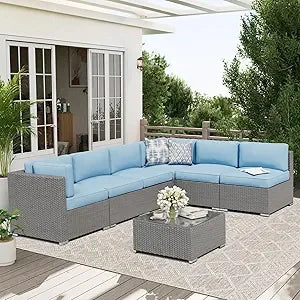 7 Piece Outdoor Patio Furniture Set Rattan Wicker Glass Table