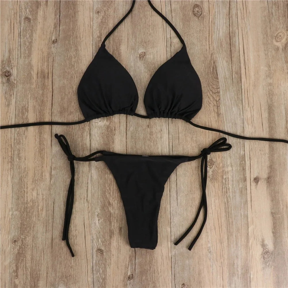 Women Halter Bikini Set Two Piece Solid Swimwear For Summer