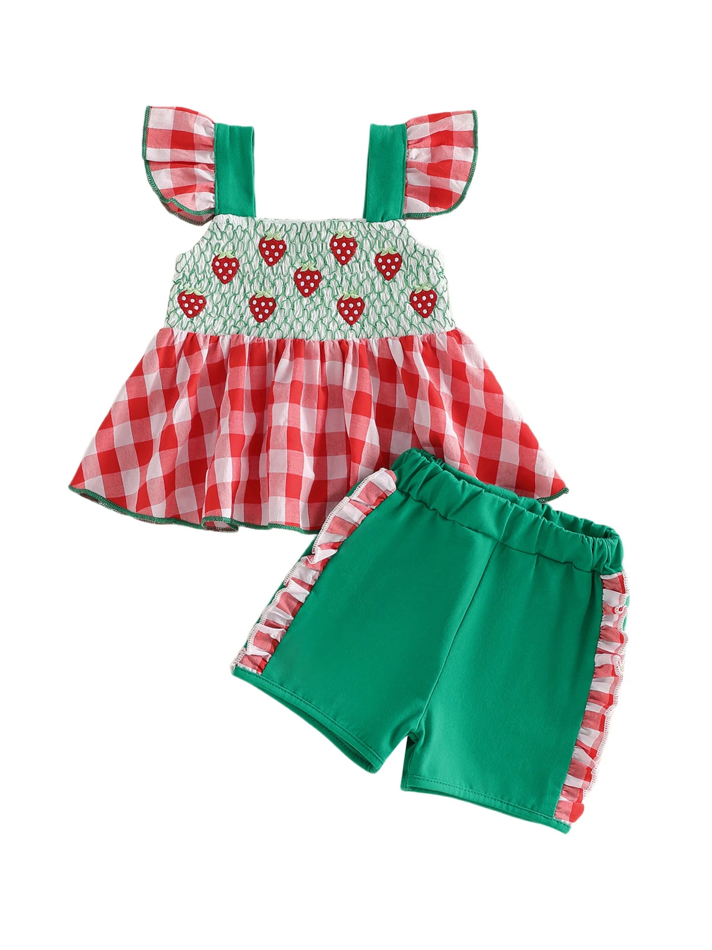 Adorable Toddler Girls Two Piece Strawberry Embroidery Flutter Sleeve Set