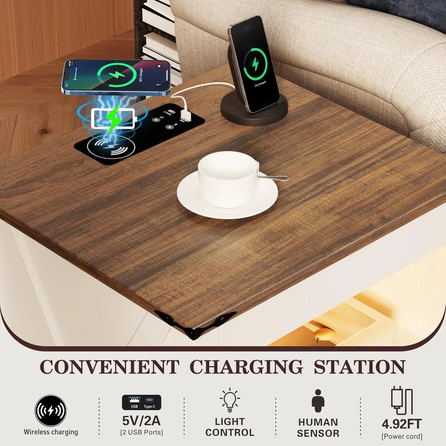 Frame LED Nightstand Set Of 2 Gun Drawer Charging Station
