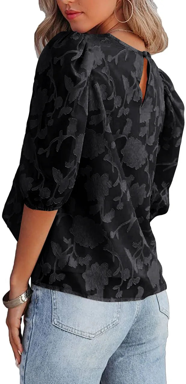Women Puff Sleeve Chiffon Blouse Floral Lace Trim Loose Fit