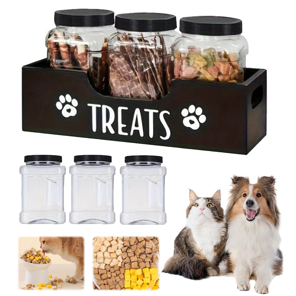 Wooden Dog Food Storage Holder With 3 Treat Jars Airtight