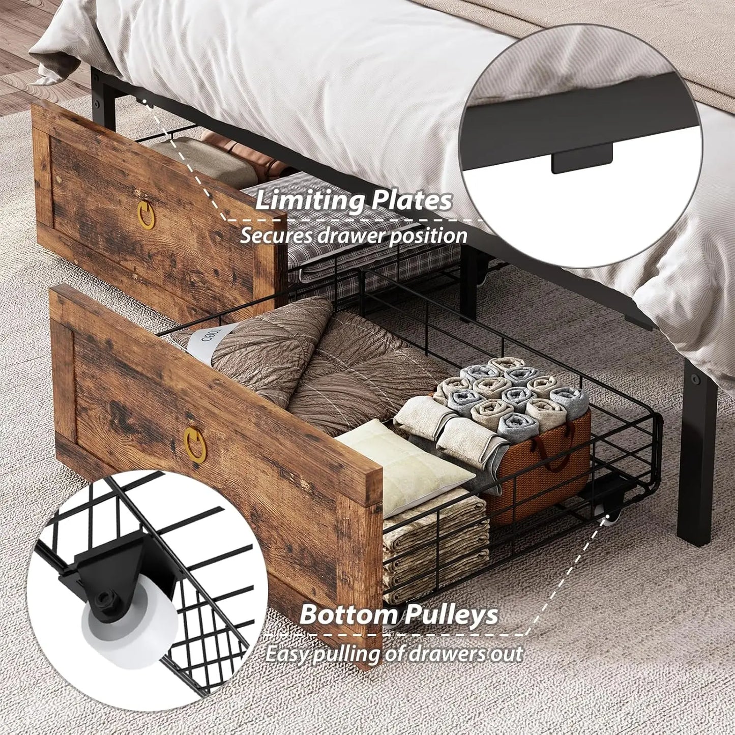 Farmhouse Metal Bed Frame With LED Lights And Charging Station