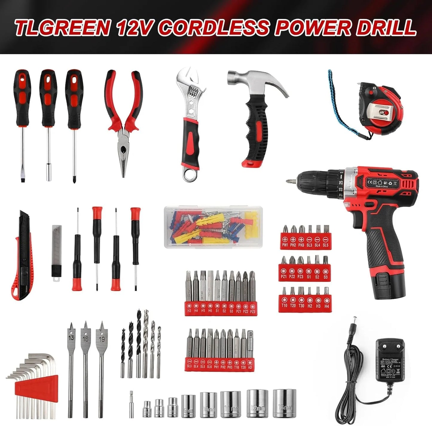 TLGREEN 138-Piece Power Tool Set With 12V Cordless Drill