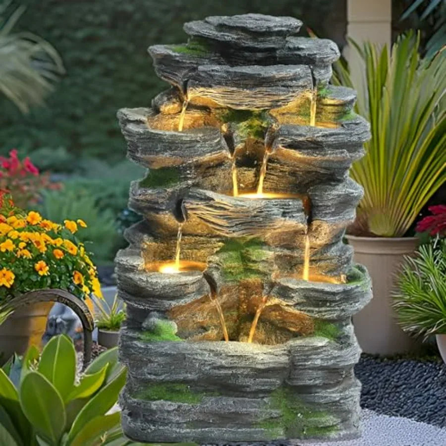 7 Tier Cascading Rock Water Fountain With LED Lights Outdoor