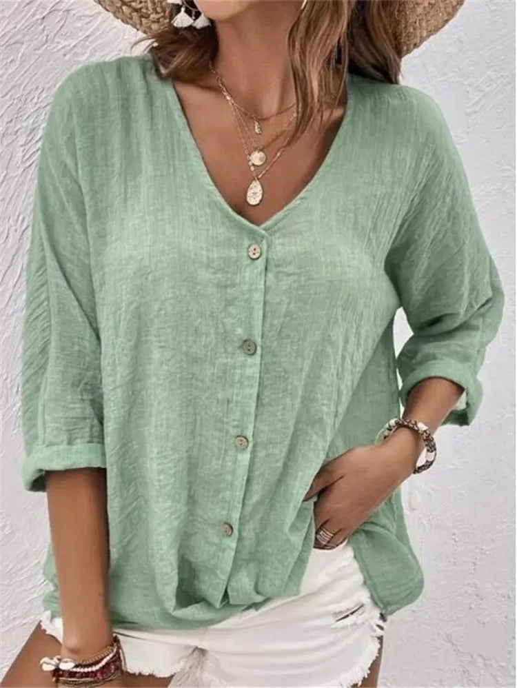 V Neck Long Sleeve T Shirt Button Front Women Topwear