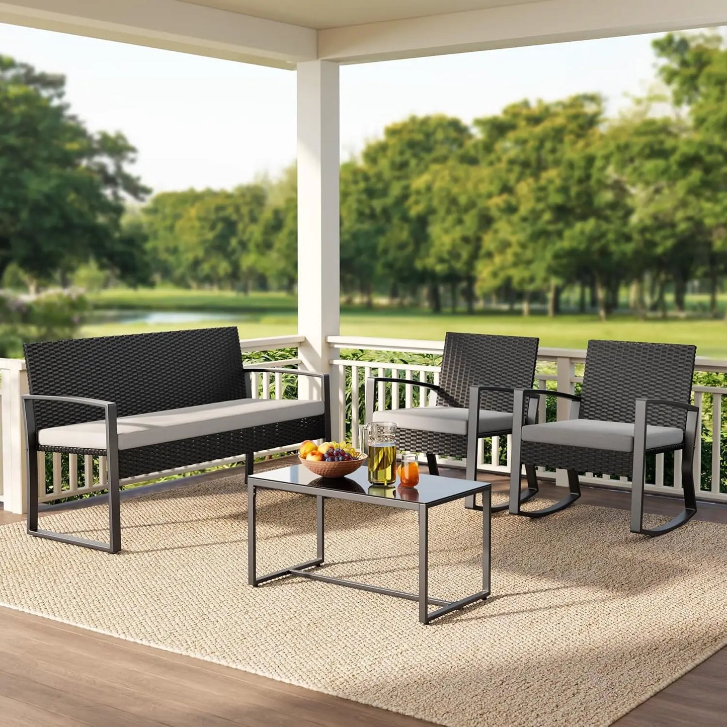 GUANGBAI 4 Piece Patio Furniture Set Wicker With Glass Table