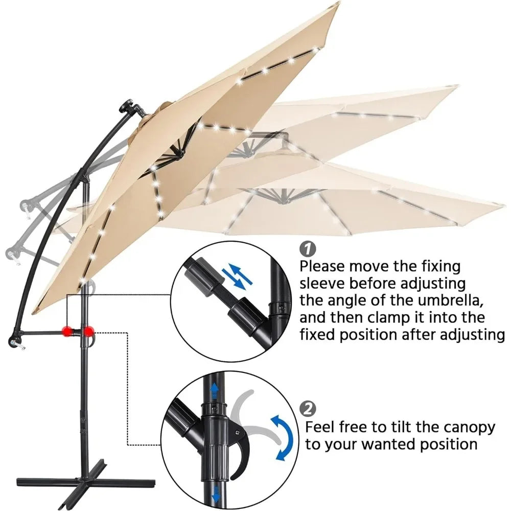 Solar Offset Cantilever Umbrella With LED Lights And Crank Base