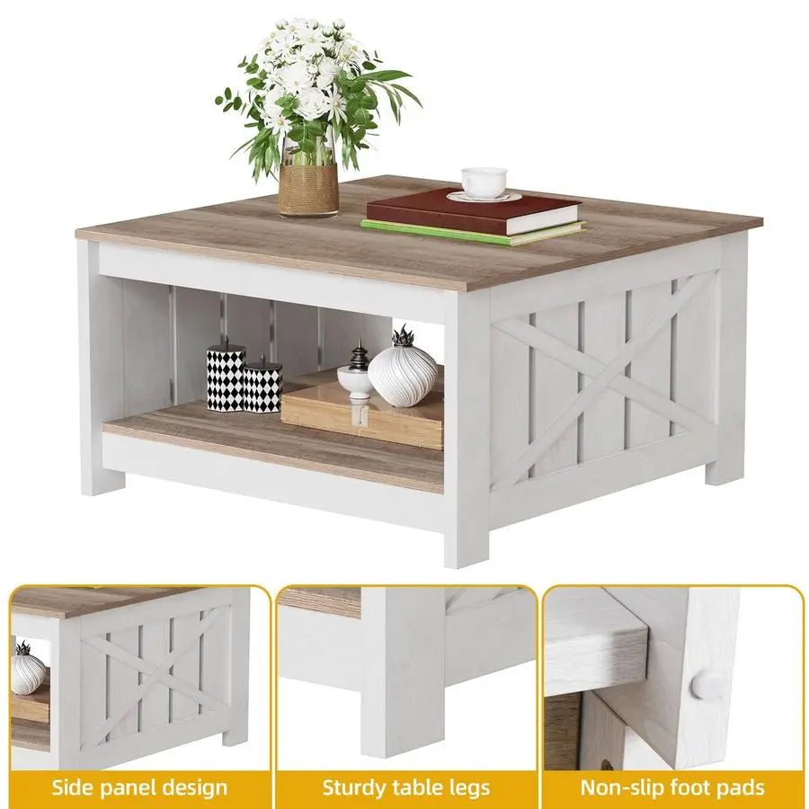 Square Farmhouse Coffee Table With Storage 2 Tier Wood Center