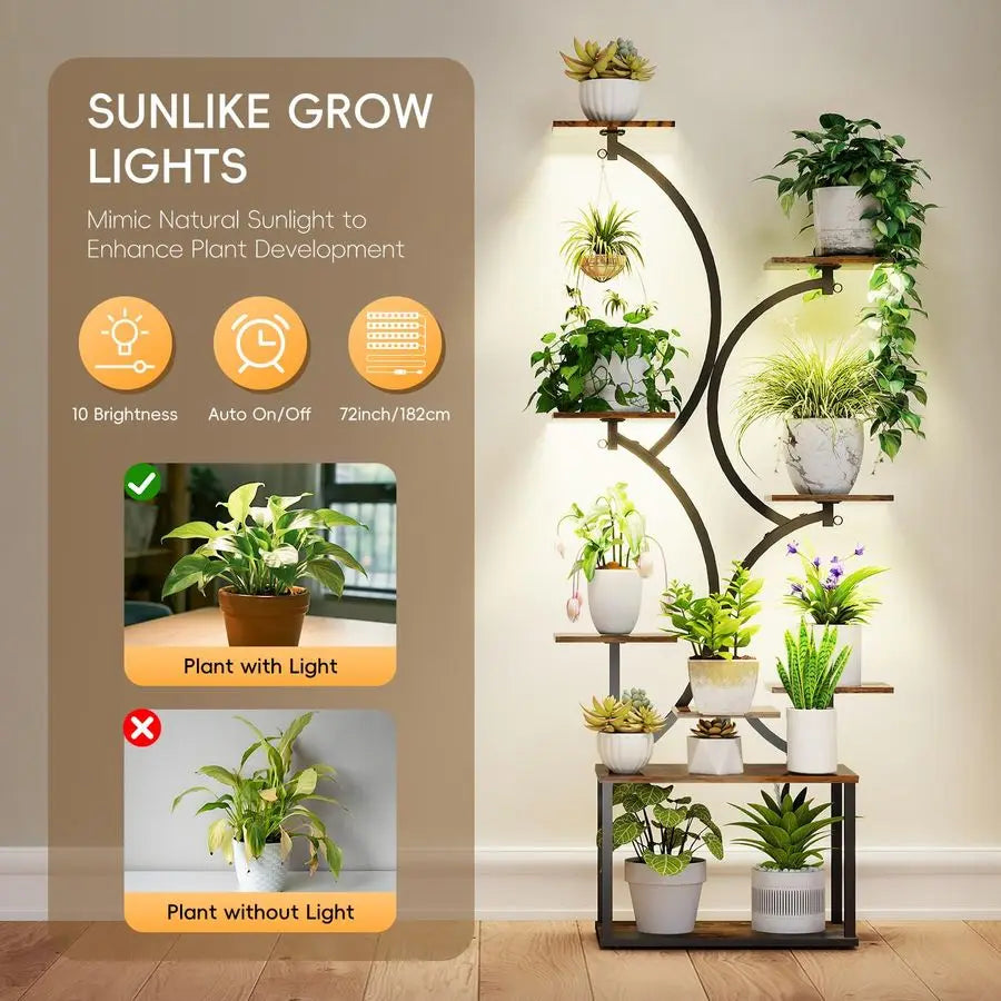 Indoor Plant Stand With Grow Lights S Shaped Rustic Wood