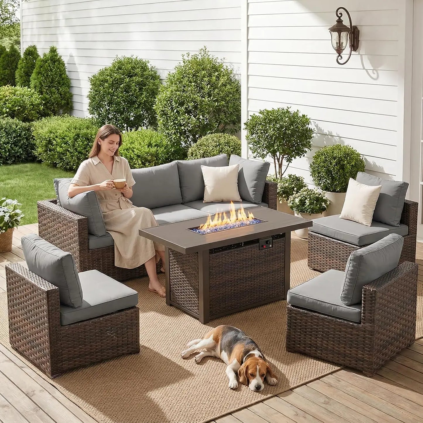 XIAOLANG 7-Piece Outdoor Patio Sectional Sofa Set With Firepit Table