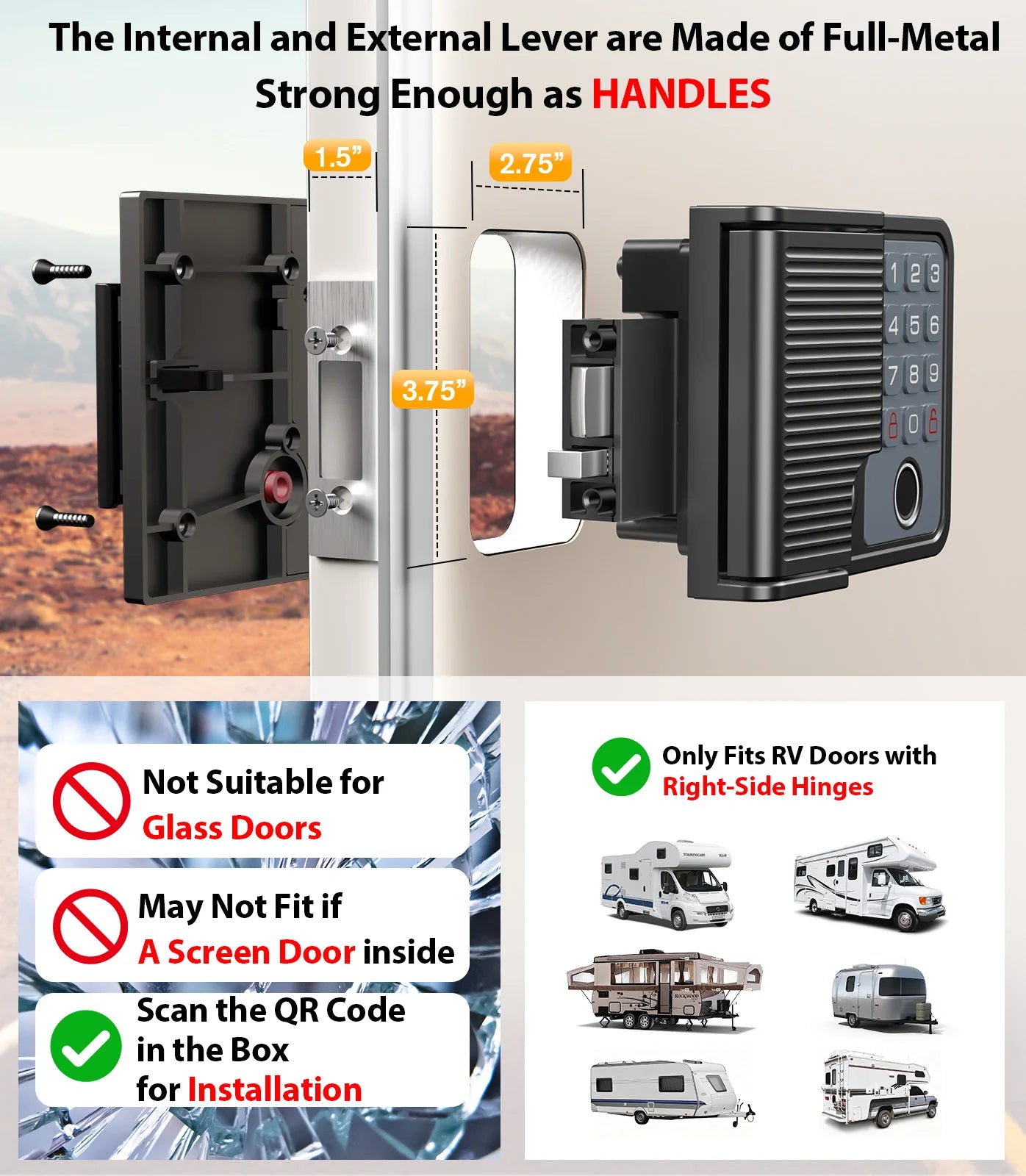 Smart RV Door Lock Keyless Entry Weatherproof Fingerprint Remote Keypad