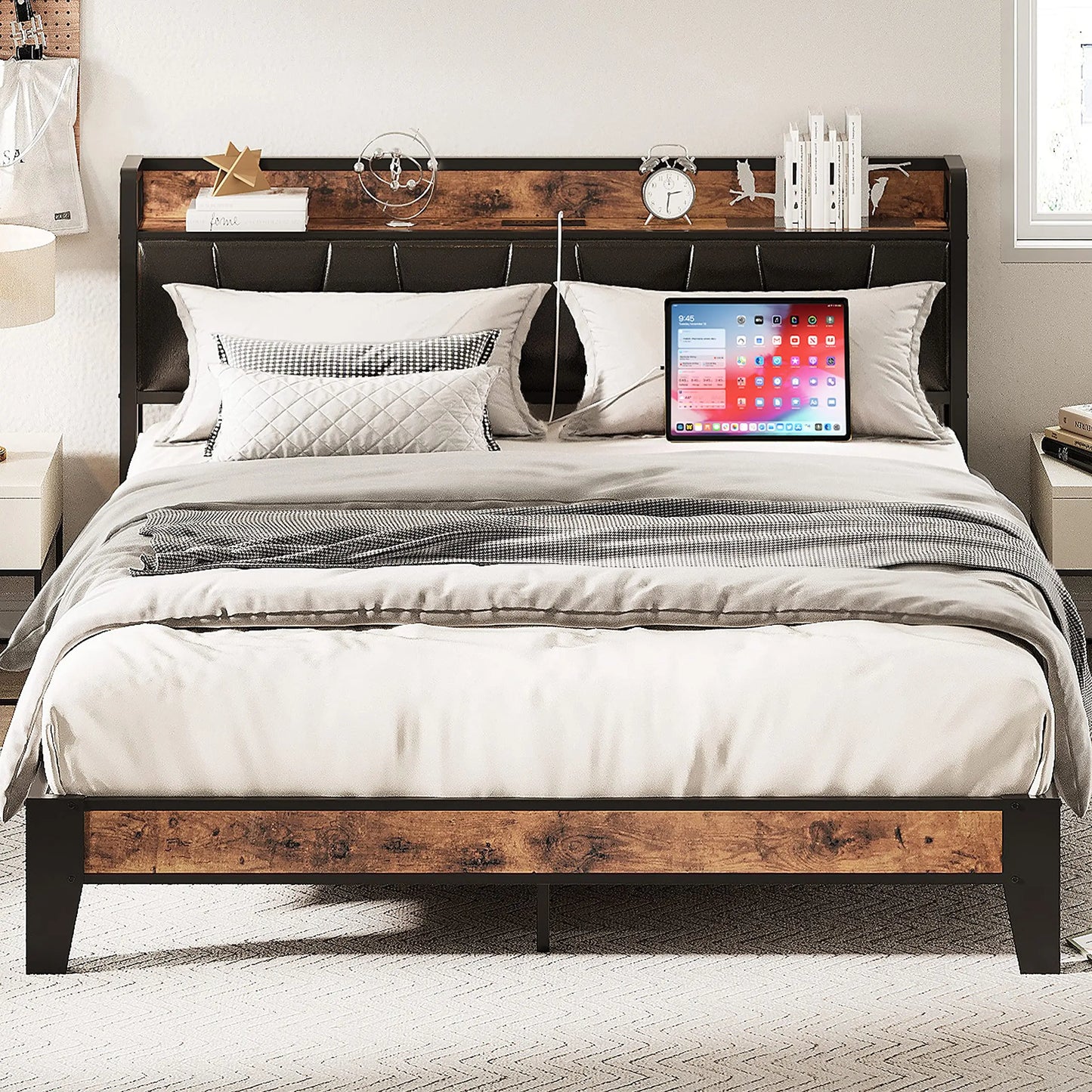 LIKIMIO Bed Frame With Storage Headboard Charging Station