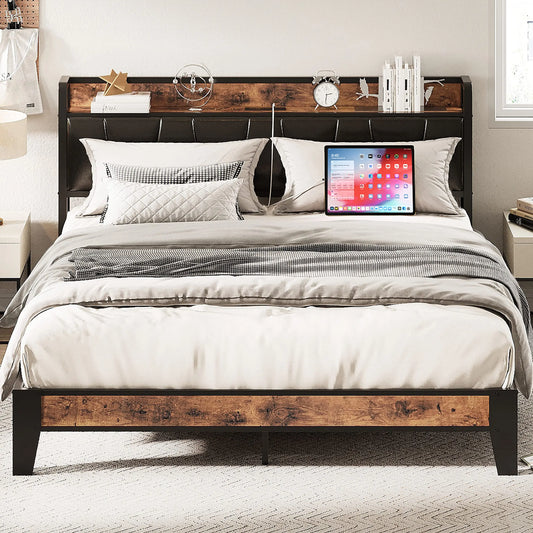 LIKIMIO Bed Frame With Storage Headboard Charging Station