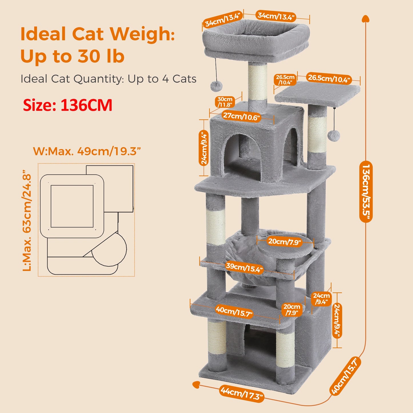 PAWZ Road Cat Tree Tower With Sisal Scratching Posts Hammock