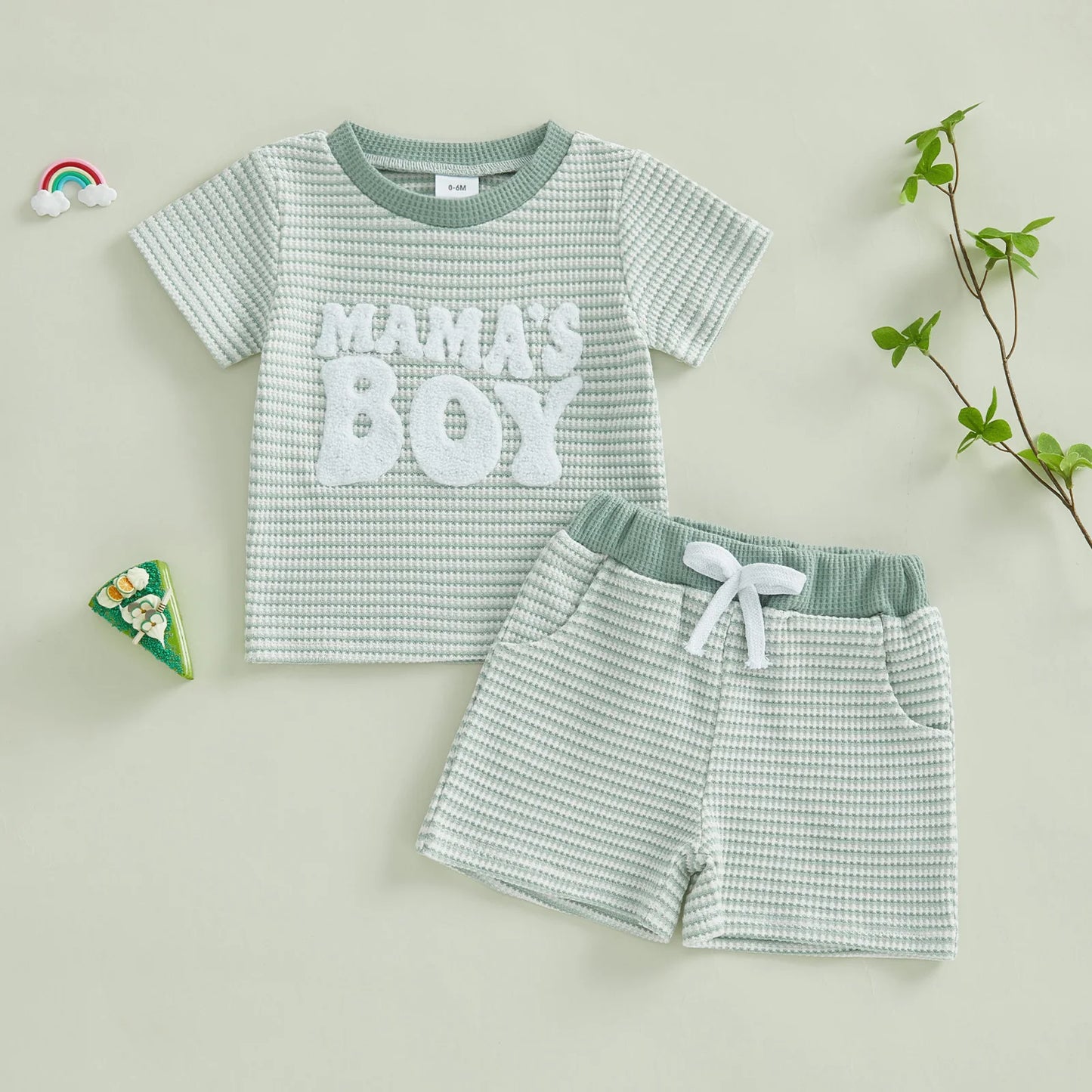 NONECN Baby Boy Summer Clothes Set Embroidered Striped Tee Shorts