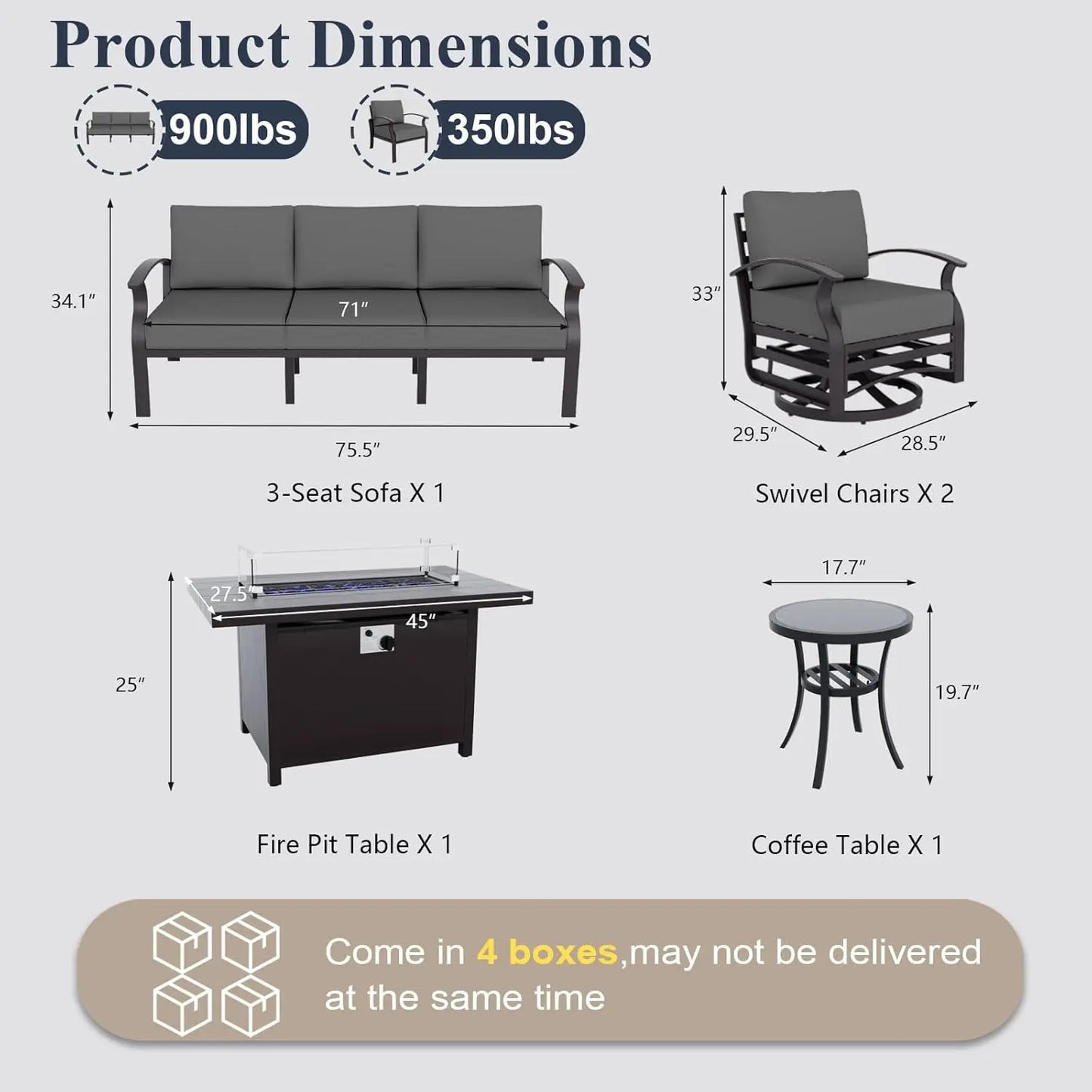 XIAOLANG Aluminum Patio Sectional Set With Fire Pit Table