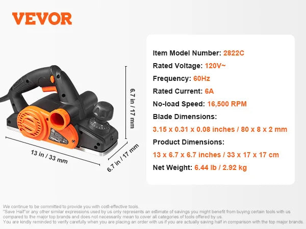 VEVOR Electric Hand Planer 16500 RPM Corded Woodworking Tool