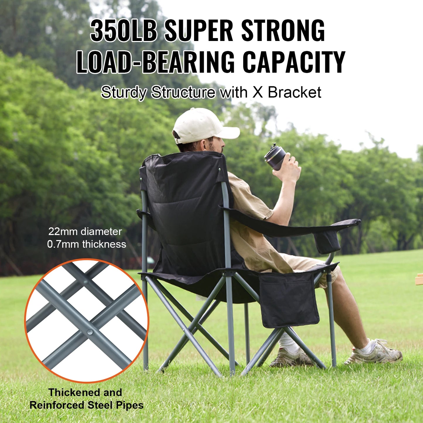 VEVOR Camping Folding Chair For Adults Quad Lumbar Back Padded With Side Pockets