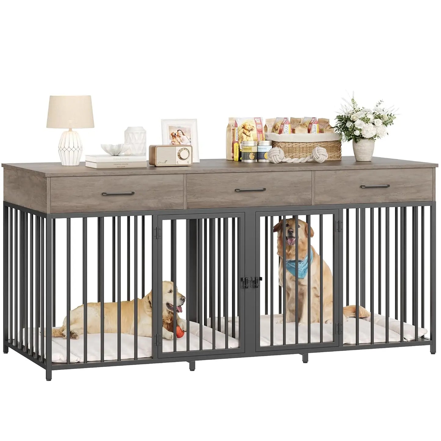 Double Dog Crate Furniture With Drawers And Removable Divider
