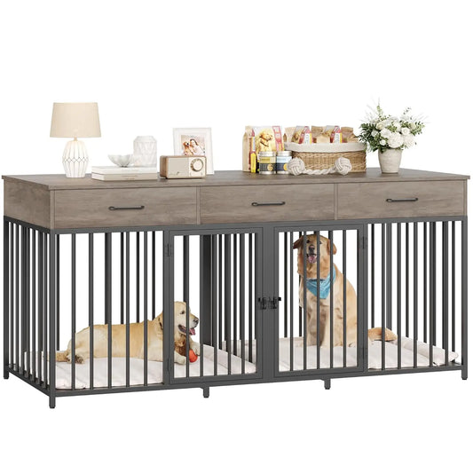 Double Dog Crate Furniture With Drawers And Removable Divider