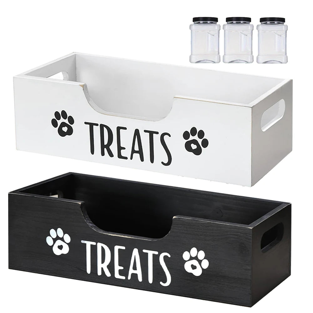 Wooden Dog Food Storage Holder With 3 Treat Jars Airtight