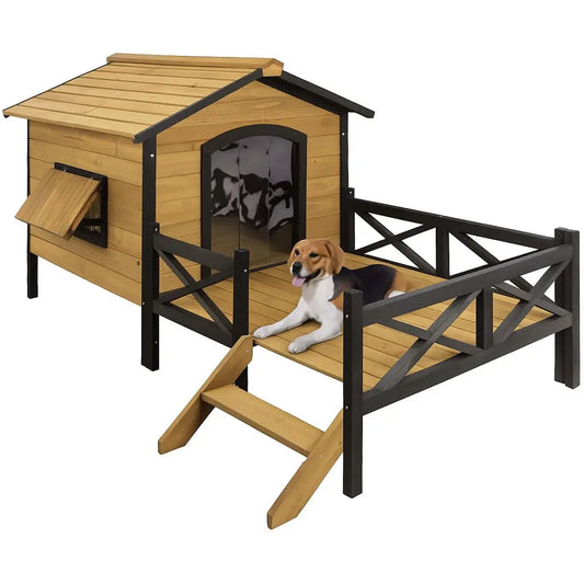 Large Wooden Dog House Weatherproof Elevated Outdoor Pet Shelter w/ Porch Deck 43.3"x69.9"x32.7", Custom