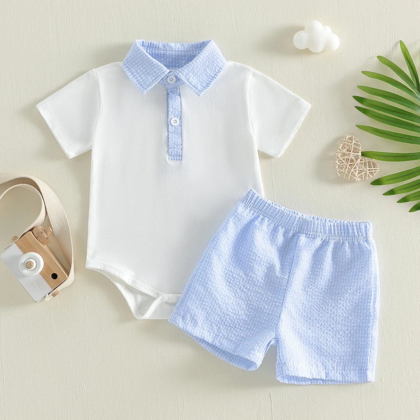Two Piece Patchwork Plaid Romper and Elastic Waist Shorts Set for Infants