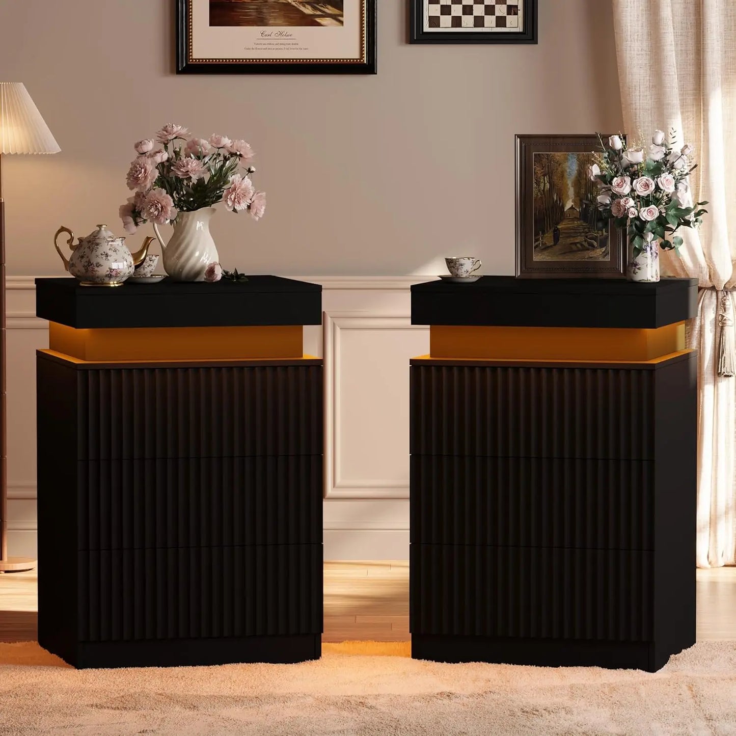 Nightstands Set of 2 LED Charging Station Mid Century Modern
