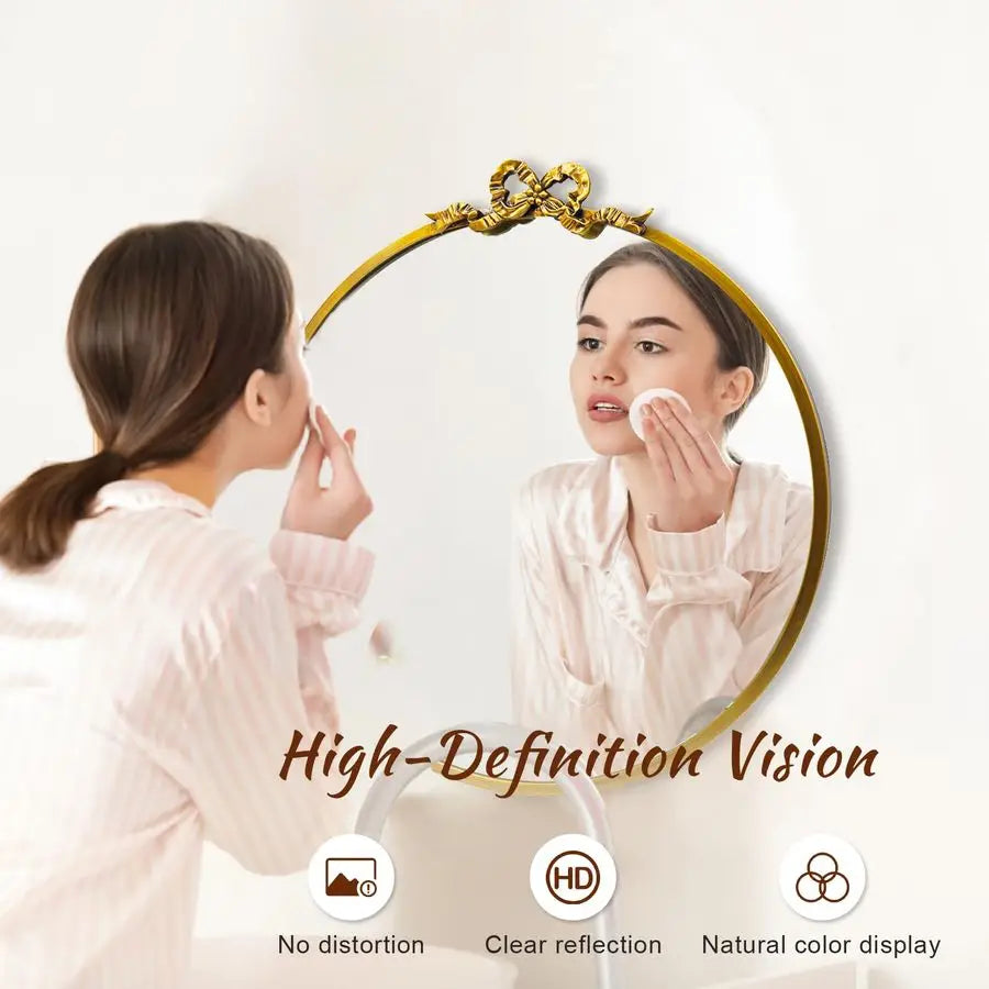 Round Gold Bow Mirror For Bathroom Vanity Baroque Circle Decor