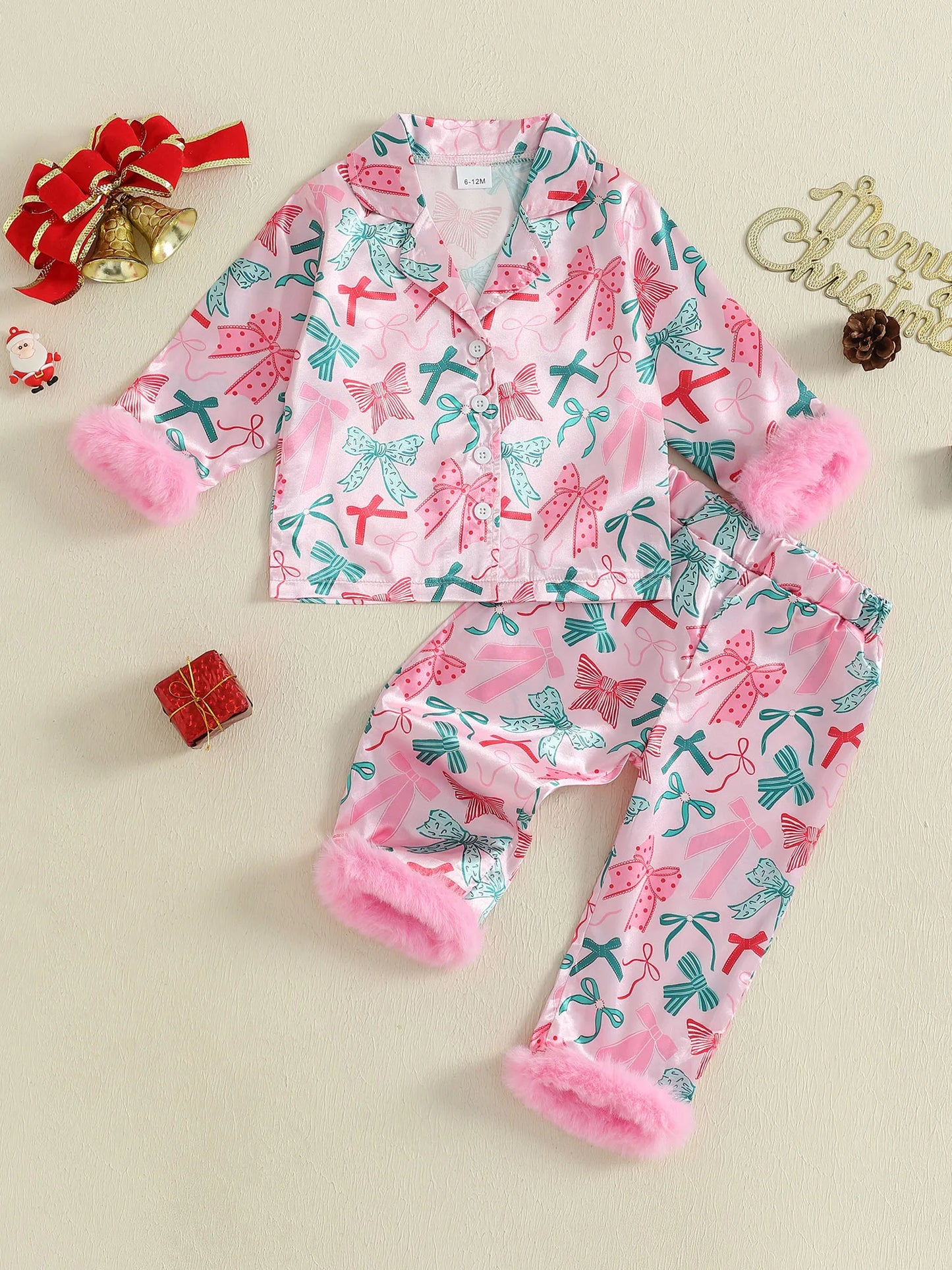 Meihuida Toddler Girl Christmas Pajamas Set With Festive Bow Print