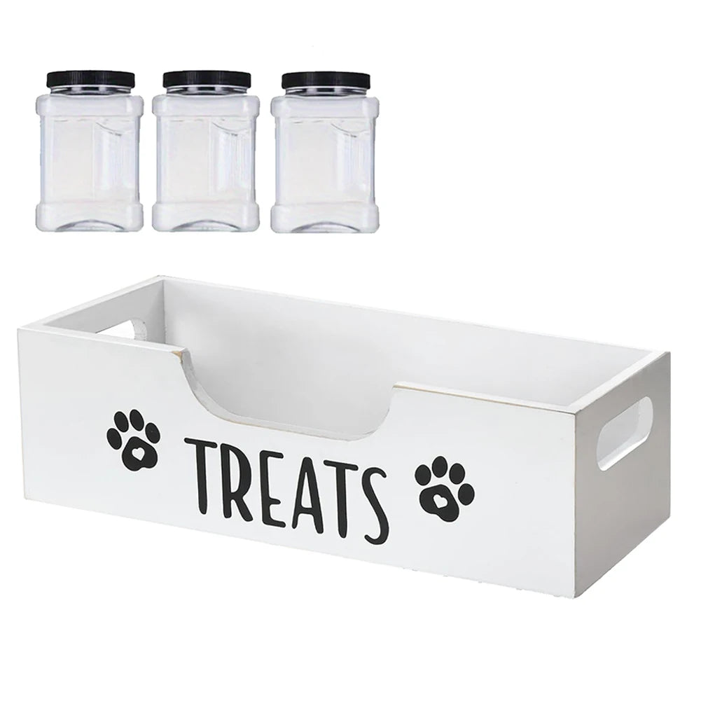 Wooden Dog Food Storage Holder With 3 Treat Jars Airtight