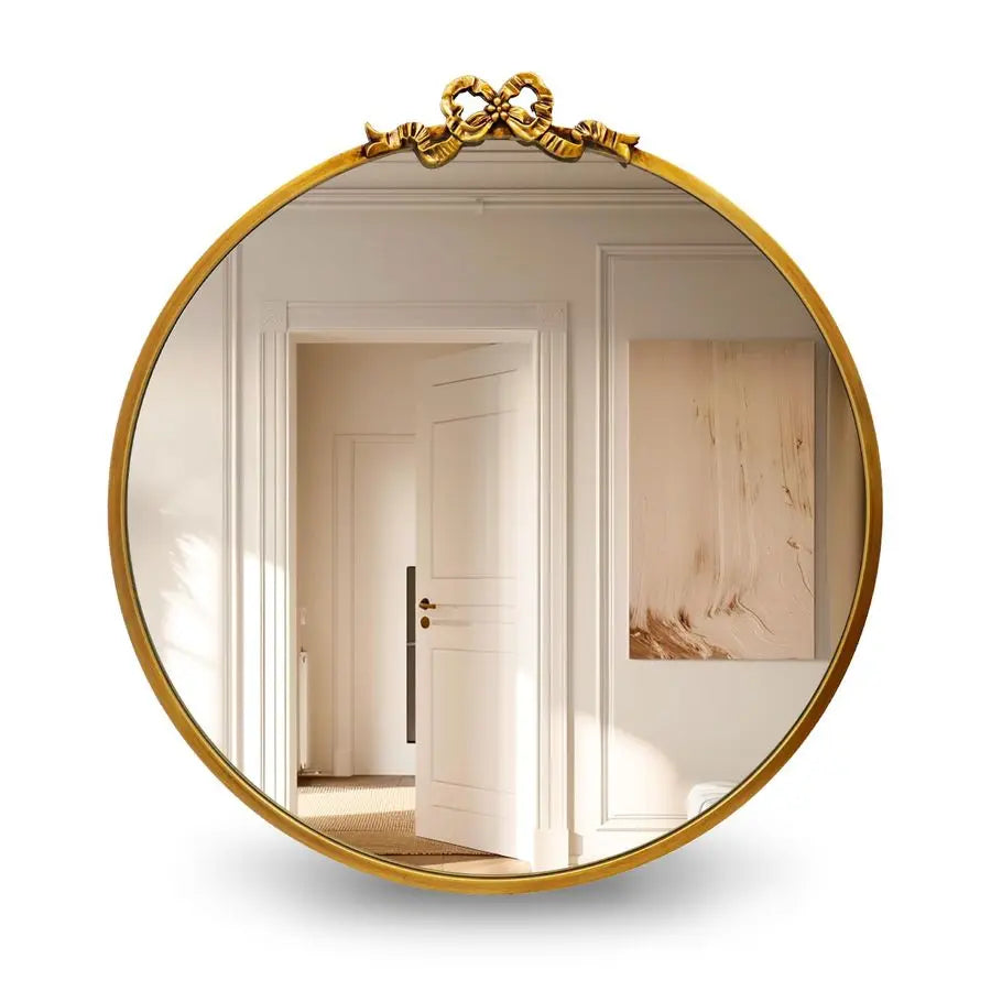 Round Gold Bow Mirror For Bathroom Vanity Baroque Circle Decor