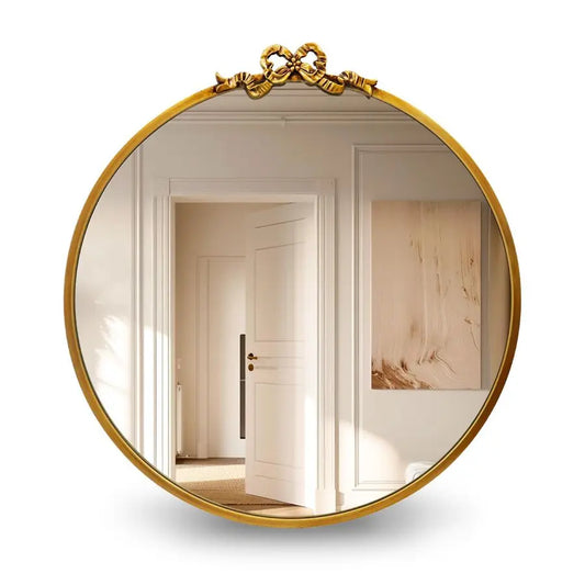 Round Gold Bow Mirror For Bathroom Vanity Baroque Circle Decor