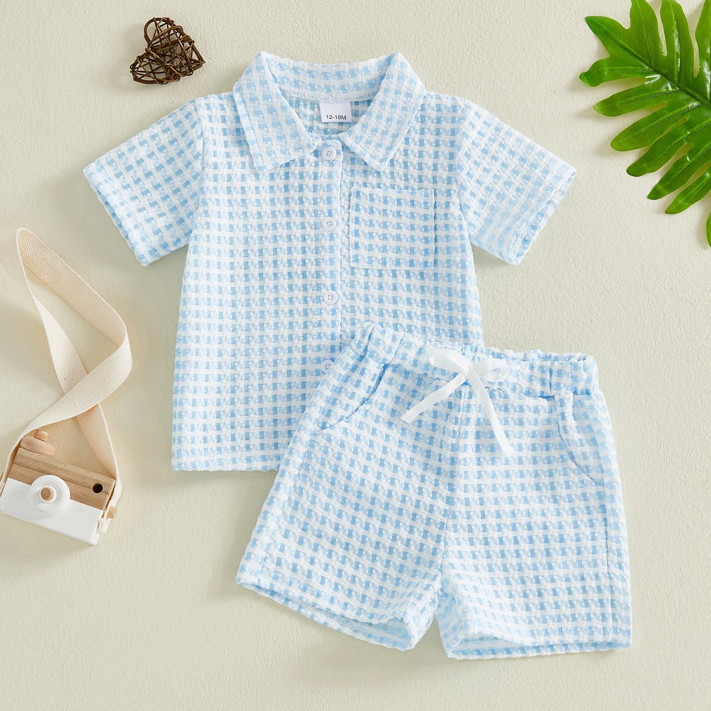 Infant Boy Summer Checkered 2 Piece Shirt And Shorts Set