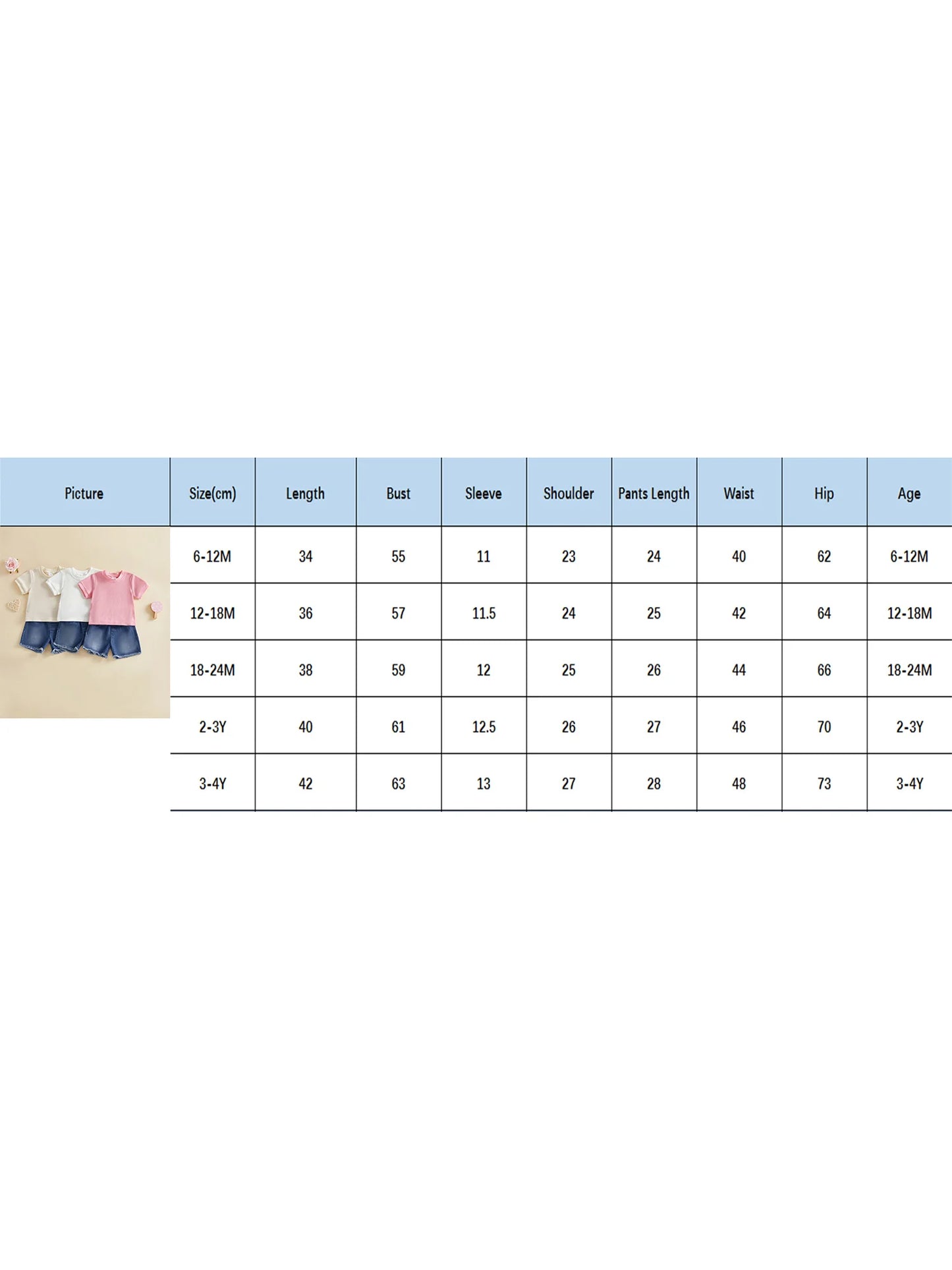 Two-Piece Infant Summer Outfit Set Crew Neck Tops Denim Shorts